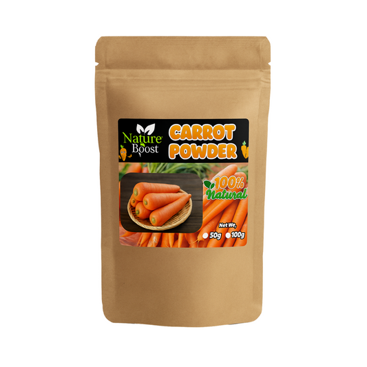 Carrot powder in a clear jar with fresh carrots in the background